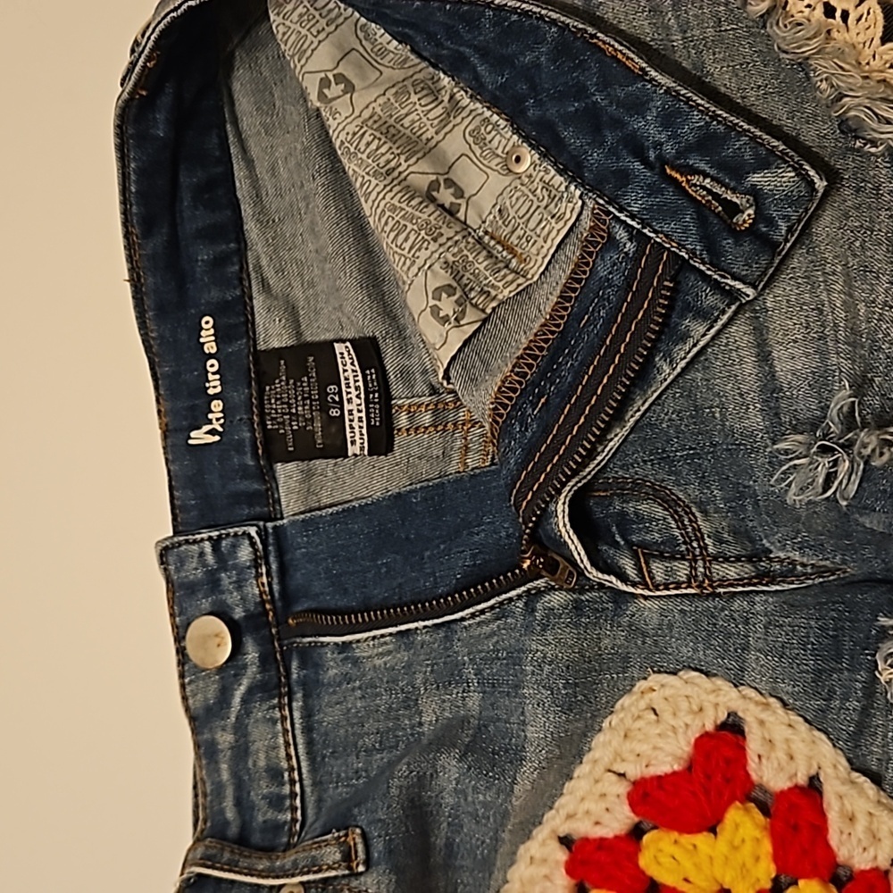 Hand Crafted Upcycled Denim Crochet Shorts Granny Square Handmade High rise 29 - Picture 13 of 17